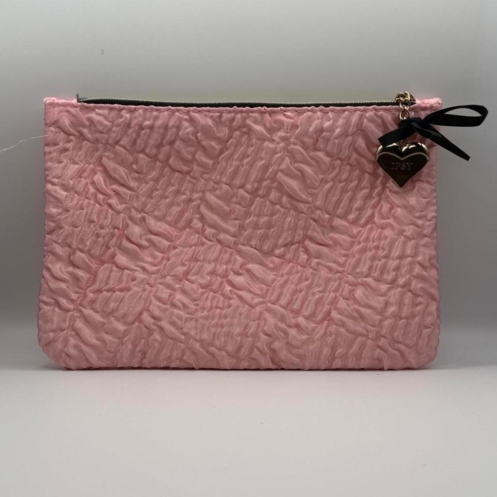 Pink Ipsy Quilted Makeup Bag Gold Heart Charm Cosmetic‎ Pouch Travel Case
